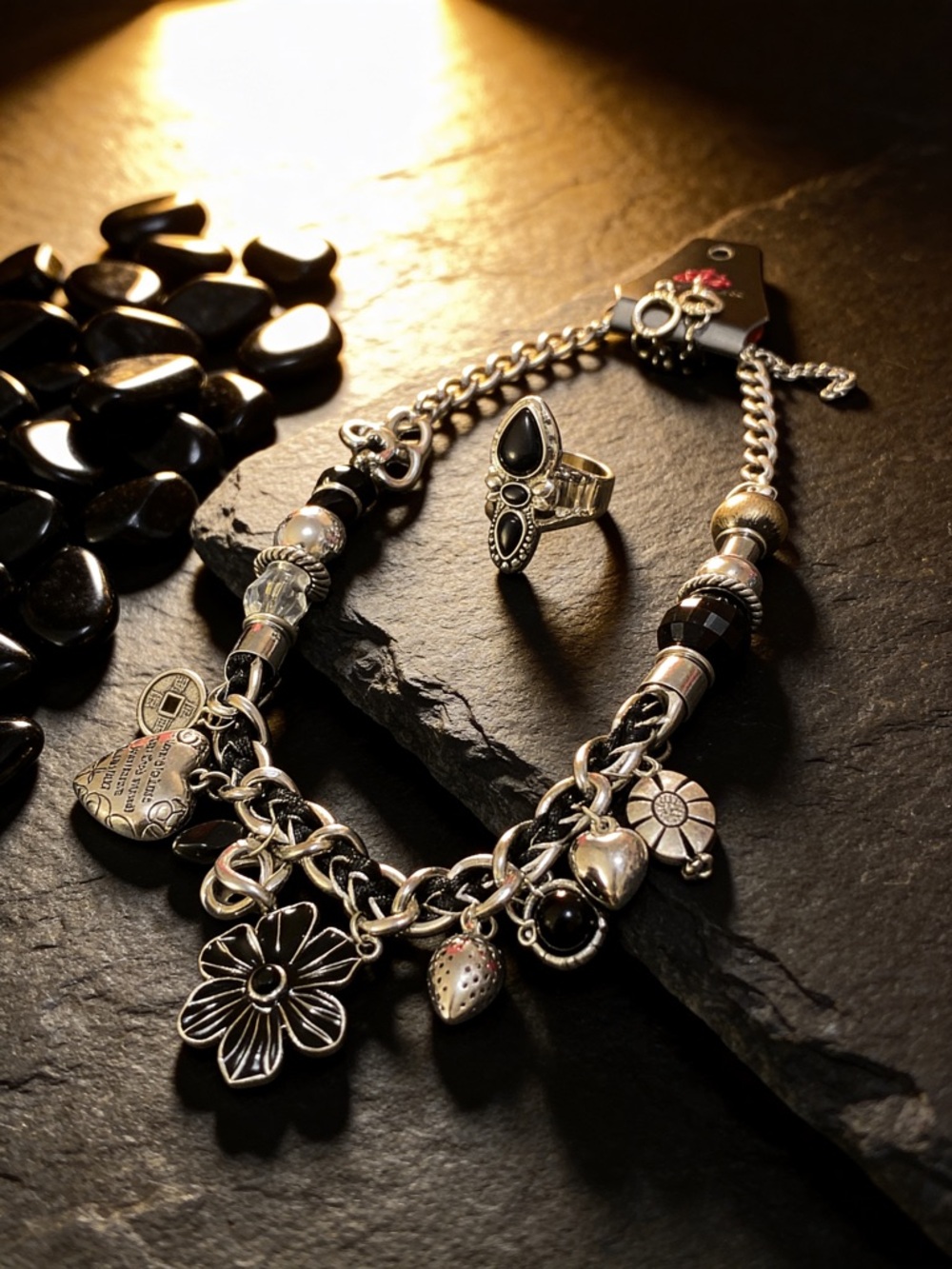 Silver-Tone Black Charm Necklace  & Ring Set